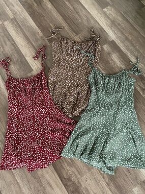 Floral Tie-Strap Romper - Red, Brown, Green (Set of 3)